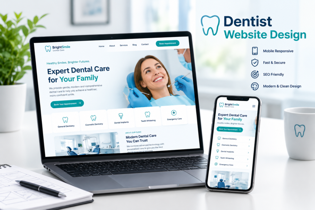 Dentist website design expert dental care for your family showing mobile responsive SEO friendly modern dental clinic website