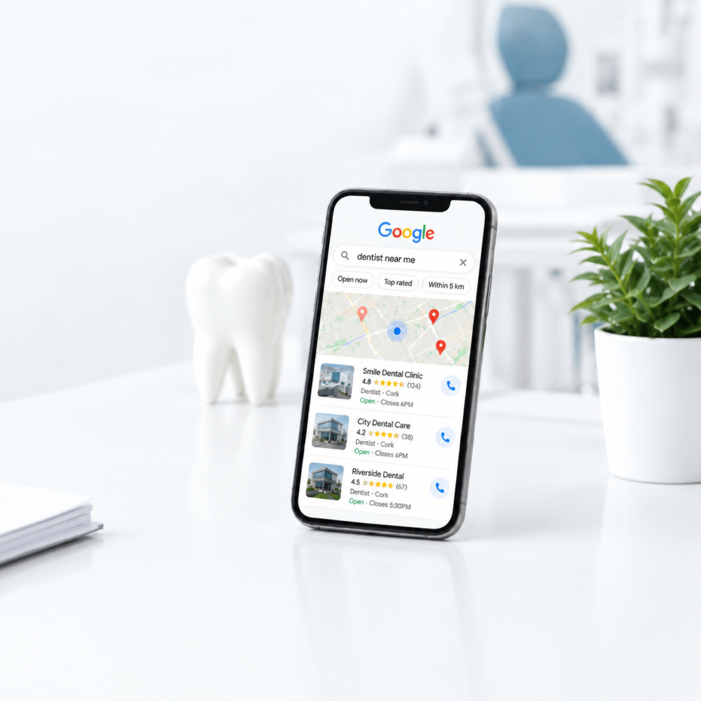 Google Business Profile optimization for dentists in Ireland showing dentist near me ranking in Google Maps