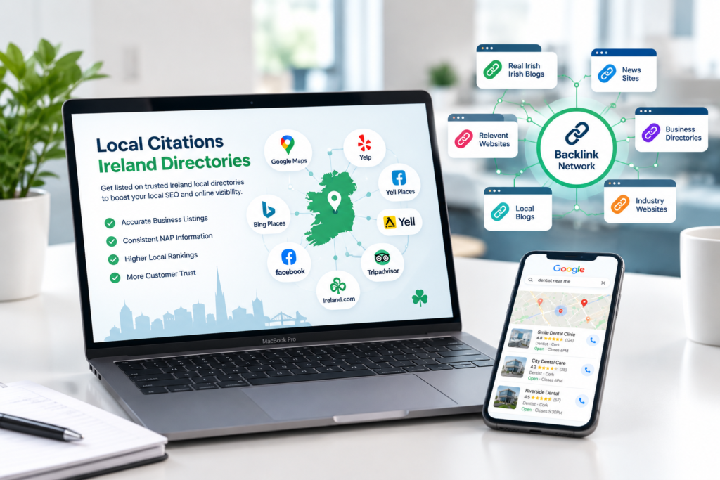 Local citations Ireland directories and backlink network for dentists showing Google Maps Yelp Facebook business listings and SEO backlinks