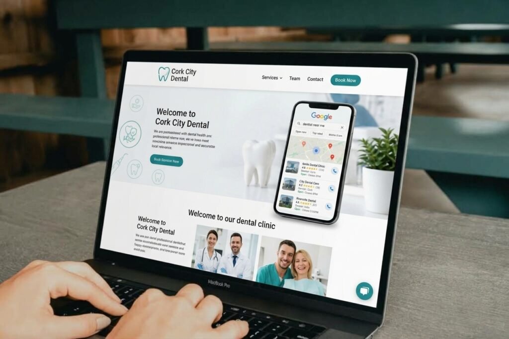 Professional dental website design for Cork City Dental clinic showing responsive website with mobile Google Maps ranking and dentist team